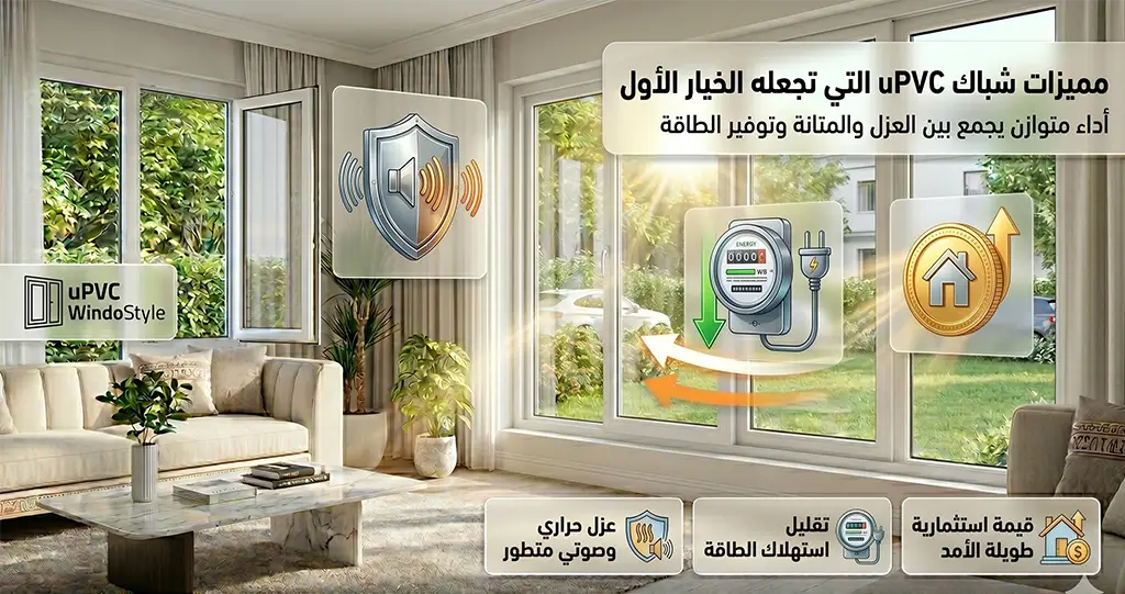 تعرف على أهم مميزات شباك uPVC مثل العزل الحراري والصوتي ومقاومة الرطوبة وسهولة الصيانة والعمر الافتراضي الطويل، ولماذا يفضله الكثيرون في المنازل الحديثة 