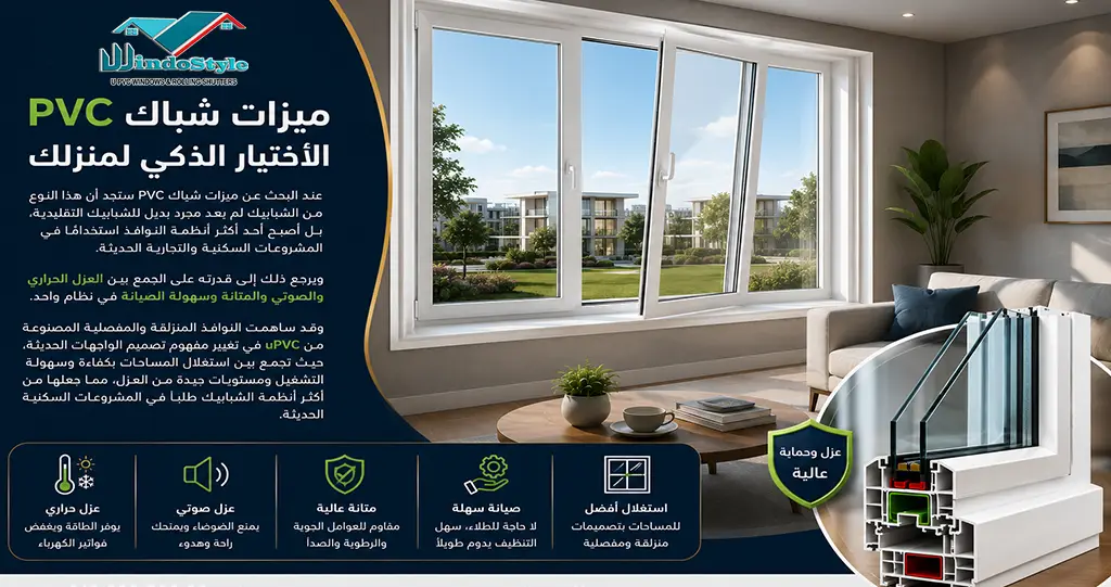 ميزات شباك PVC | 10 أسباب تجعل uPVC الخيار الأفضل للمنازل الحديثة 2 عند البحث عن ميزات شباك PVC ستجد أن هذا النوع من الشبابيك لم يعد مجرد بديل للشبابيك التقليدية، بل أصبح أحد أكثر أنظمة النوافذ استخدامًا في المشروعات السكنية والتجارية الحديثة. ويرجع ذلك إلى قدرته على الجمع بين العزل الحراري والصوتي والمتانة وسهولة الصيانة في نظام واحد.