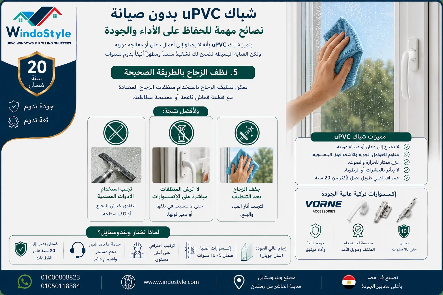 شباك uPVC بدون صيانة: نصائح للحفاظ على الأداء والجودة 6 نظف الزجاج بالطريقة الصحيحة في شبابيك PVC