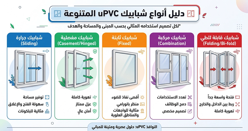 أشكال شبابيك UPVC الحديثة في مصر ودليل اختيار التصميم 2 عند البحث عن أشكال شبابيك UPVC لا يكون الهدف مشاهدة صور أو تصميمات فقط، بل يرغب معظم العملاء في معرفة الشكل الذي يناسب منزلهم، وكيف يؤثر تصميم الشباك على الإضاءة والتهوية واستغلال المساحات والمظهر العام للواجهة. لذلك لم تعد النوافذ عنصرًا إنشائيًا فقط، بل أصبحت جزءًا أساسيًا من التصميم المعماري لأي منزل حديث. ومع تطور أنظمة UPVC ظهرت تصميمات متنوعة تناسب مختلف الاحتياجات، سواء للشقق السكنية أو الفيلات أو المباني الإدارية، مع إمكانية تنفيذ مقاسات كبيرة وألوان متعددة وتشطيبات حديثة تتماشى مع اتجاهات التصميم المعاصر.