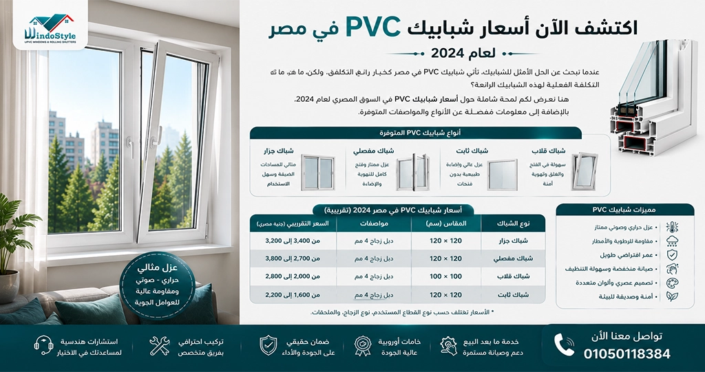 أسعار شبابيك Pvc فى مصر تمثل خياراً ممتازاً لمن يبحث عن الجودة والتوفير  مع تنوع الخيارات المتاحة، يتعين عليك تحديد الحجم والنوع المناسبين لمنزلك  الشبابيك من نوع UPVC توفر عزلاً حرارياً وصوتياً متميزاً، مما يجعلها استثماراً جيداً على المدى الطويل 