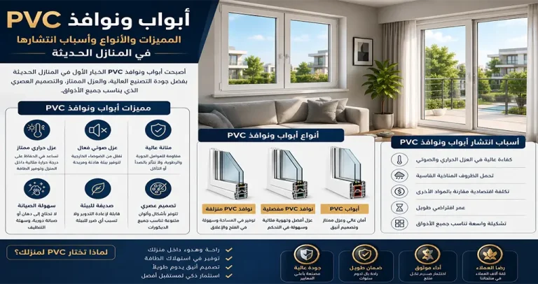 تعرف على مميزات أبواب ونوافذ PVC وأهم الأنواع والعوامل المؤثرة في الأسعار، واكتشف لماذا أصبحت الخيار الأول للمنازل الحديثة مع حلول ويندوستايل 