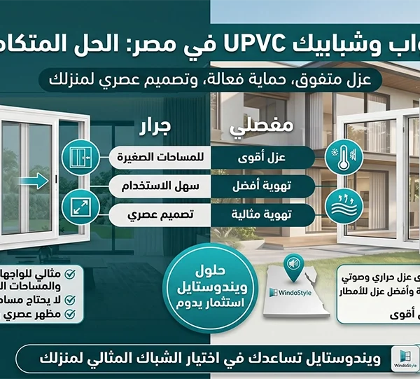 أصبحت ابواب وشبابيك UPVC في مصر من أفضل الحلول المتاحة للمنازل والفيلات والمنشآت التجارية بفضل ما توفره من عزل حراري وصوتي ومقاومة للعوامل الجوية وعمر افتراضي طويل 
