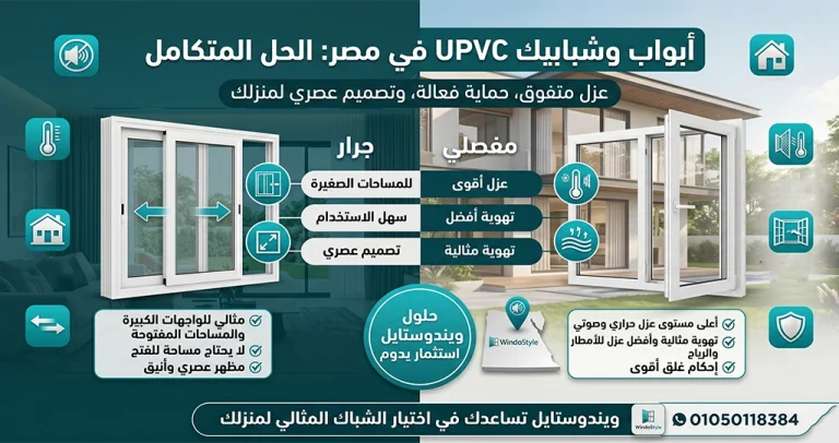 ابواب وشبابيك UPVC في مصر | المميزات والأنواع 8 أصبحت ابواب وشبابيك UPVC في مصر من أفضل الحلول المتاحة للمنازل والفيلات والمنشآت التجارية بفضل ما توفره من عزل حراري وصوتي ومقاومة للعوامل الجوية وعمر افتراضي طويل