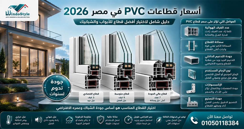 تختلف أسعار قطاعات PVC في مصر وفقًا لعدة عوامل تشمل نوع القطاع وعدد الغرف الداخلية وجودة الخامات والتدعيم المعدني وبلد المنشأ  لذلك لا ينبغي التركيز على السعر فقط عند الاختيار، بل يجب الاهتمام بجودة القطاع وكفاءة العزل ومستوى التصنيع والتركيب 