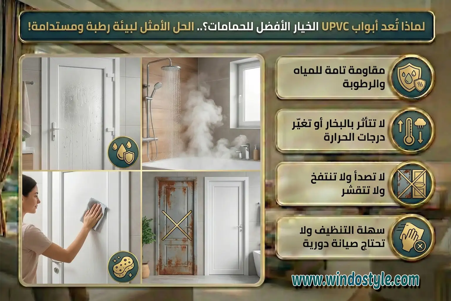 الحمام من أكثر الأماكن تعرضًا للمياه والبخار، وهو ما يجعل الأبواب التقليدية عرضة للتلف. وهنا تظهر مزايا UPVC بوضوح: مقاومة تامة للمياه والرطوبة لا تتأثر بالبخار أو تغيّر درجات الحرارة لا تصدأ ولا تنتفخ ولا تتقشر سهلة التنظيف ولا تحتاج صيانة دورية عمر افتراضي طويل مقارنة بالأبواب الخشبية