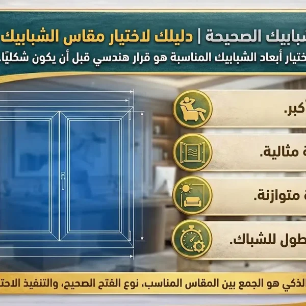 أبعاد الشبابيك – دليل شامل لاختيار مقاس الشبابيك المناسب أبعاد الشبابيك الصحيحة | دليلك لاختيار مقاس الشبابيك المثالي اختيار أبعاد الشبابيك المناسبة هو قرار هندسي قبل أن يكون شكليًا ومعرفة مقاس الشبابيك الصحيح لكل غرفة يضمن: راحة أكبر تهوية مثالية إضاءة متوازنة عمر أطول للشباك القرار الذكي هو الجمع بين المقاس المناسب، نوع الفتح الصحيح، والتنفيذ الاحترافي