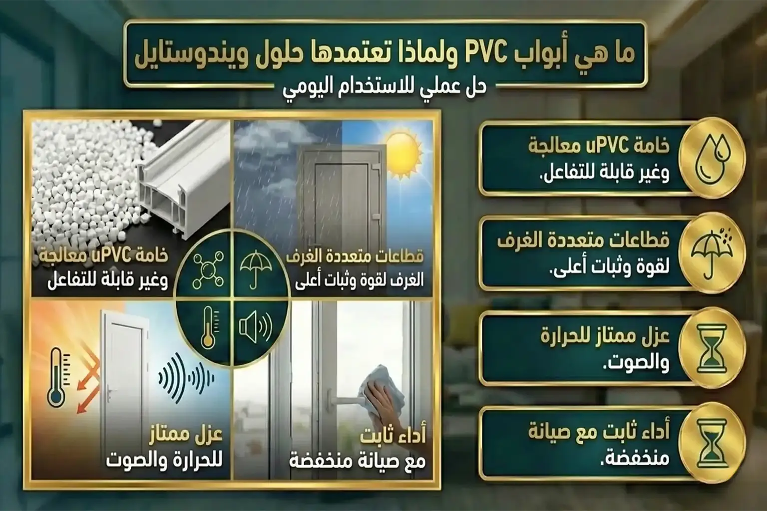 باب عملي للاستخدام اليومي ✔ خامة uPVC معالجة وغير قابلة للتفاعل ✔ قطاعات متعددة الغرف لقوة وثبات أعلى ✔ عزل ممتاز للحرارة والصوت ✔ أداء ثابت مع صيانة منخفضة