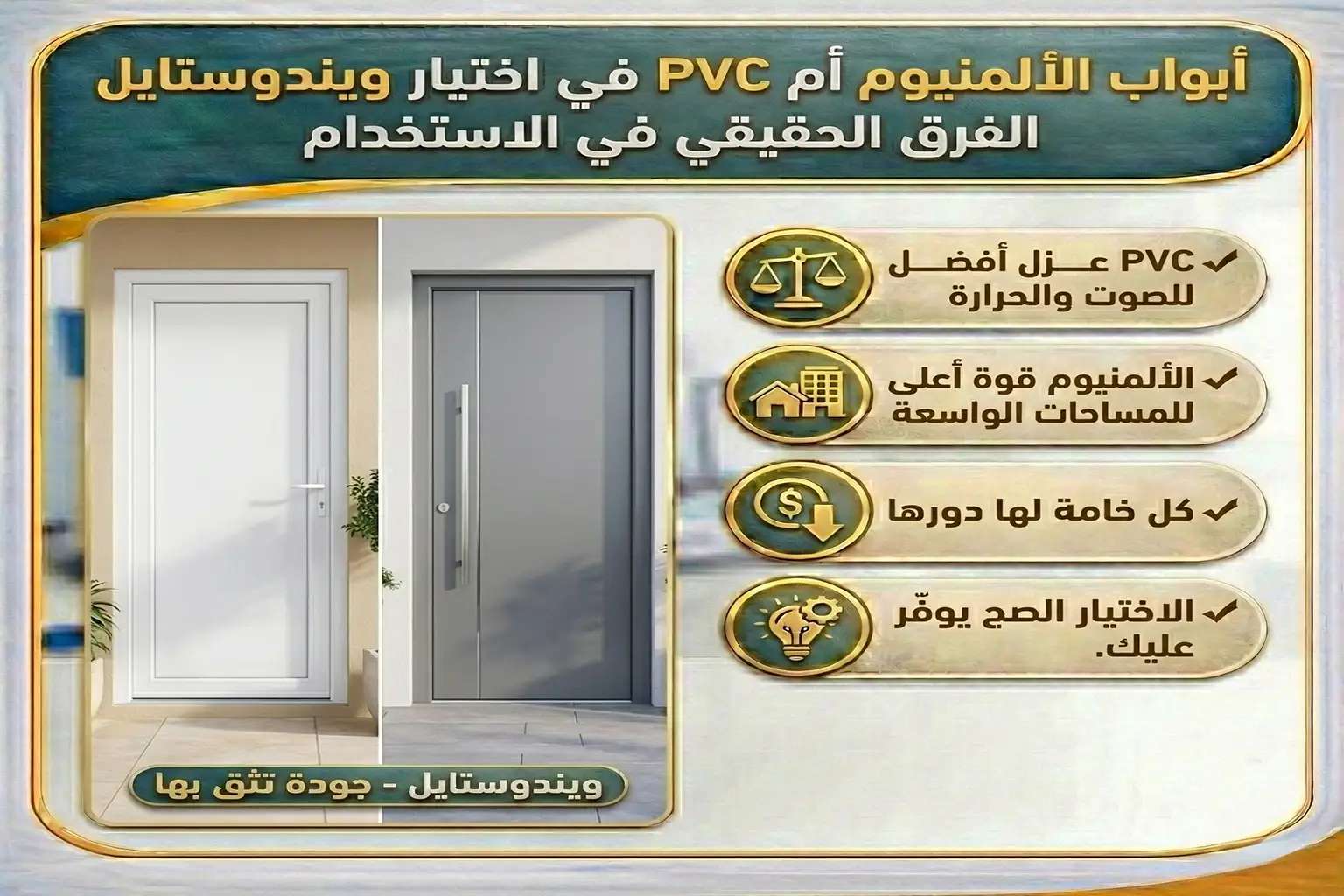 أبواب الألمنيوم ام ال PVC أيهما أفضل من حيث السعر، العزل، المتانة، والشكل؟ دليل عملي يساعدك على اتخاذ القرار الصحيح قبل الشراء 