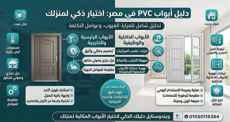 أسعار أبواب Pvc مصر 2025: دليل شامل لاختيار الباب المثالي 10 يزداد الطلب على أسعار أبواب Pvc مصر بشكل ملحوظ، فما سبب ذلك؟ لقد أثبتت أبواب PVC فعاليتها العالية في مقاومة الماء والرطوبة، مما يجعلها خياراً مثالياً للبيئات المصرية