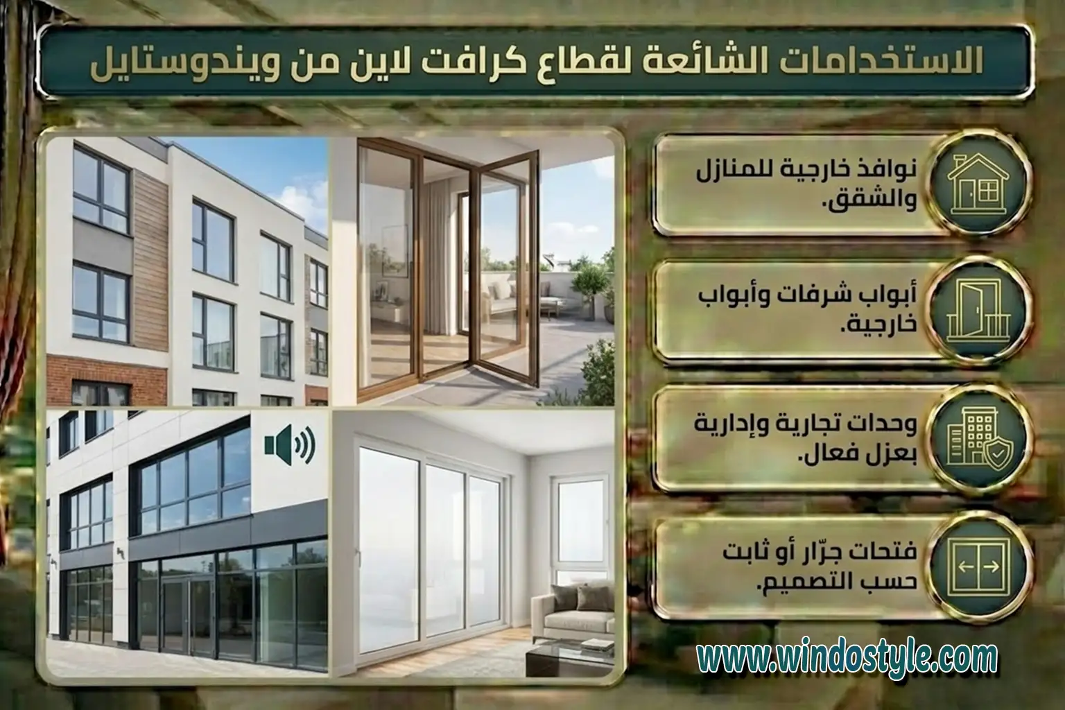 يُستخدم قطاع كرافت لاين UPVC في مجموعة واسعة من التطبيقات، تشمل: نوافذ خارجية في المنازل والشقق. أبواب شرفات أو أبواب خارجية للمنازل. وحدات تجارية وإدارية تحتاج لعزل حراري وصوتي فعال. فتحات فتح جرّار أو ثابت حسب التصميم المطلوب.