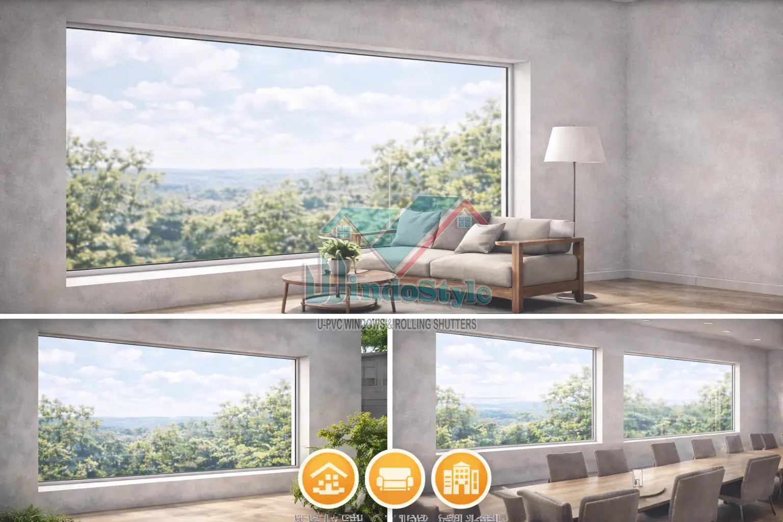 الشبابيك الثابتة (Fixed Windows) نوافذ غير قابلة للفتح توفر إطلالة واضحة وشاملة على الخارج. المزايا: أكبر مساحة زجاجية للإضاءة. خيار اقتصادي نسبيًا إذا لم تكن التهوية مطلوبة. الاستخدام المثالي: واجهات المنازل غرف الجلوس القاعات الكبيرة