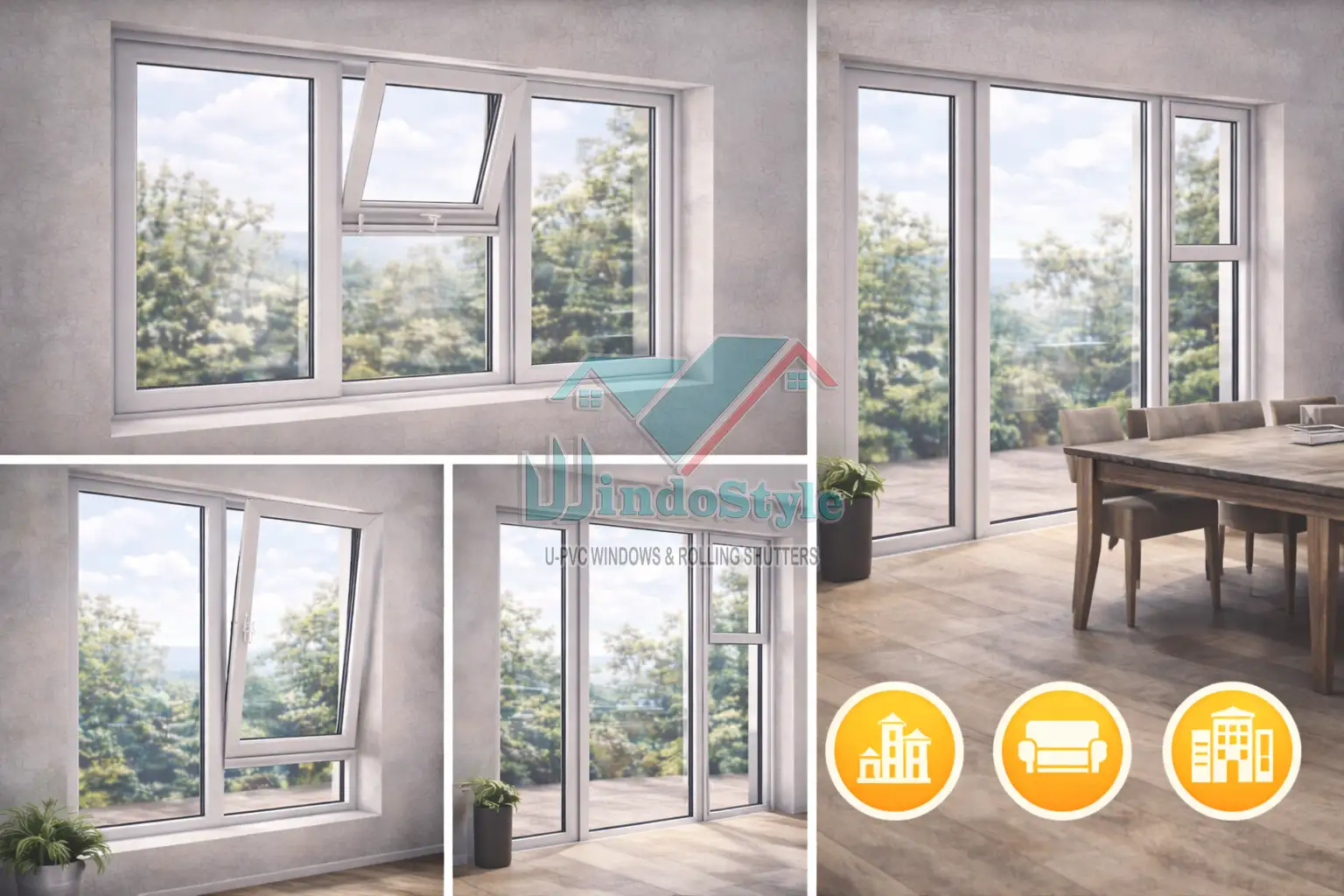 الشبابيك المركبة (Composite Windows) تصميم يجمع بين أكثر من نوع فتح في إطار واحد حسب الحاجة. المزايا: حلول مخصصة تناسب تصاميم معمارية معقدة. تجميع بين وظائف التهوية والإضاءة والاستفادة من المساحة. الاستخدام المثالي: المشاريع الفاخرة الواجهات المميزة الأماكن الكبيرة متعددة الاستخدامات