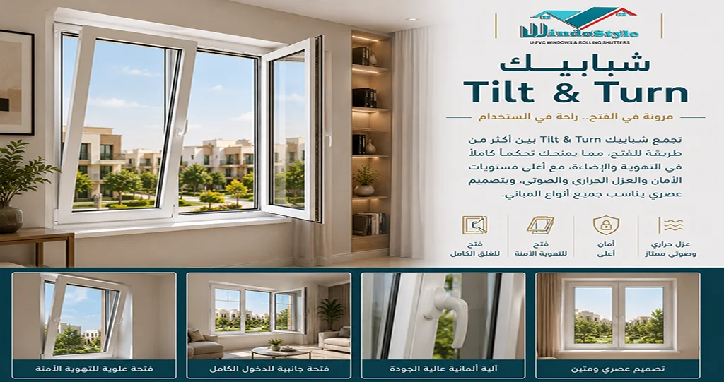 PVC tilt & turn windows This model showcases a design that combines expansive glass areas with a slim frame, giving the facade a modern look while maintaining ease of operation.