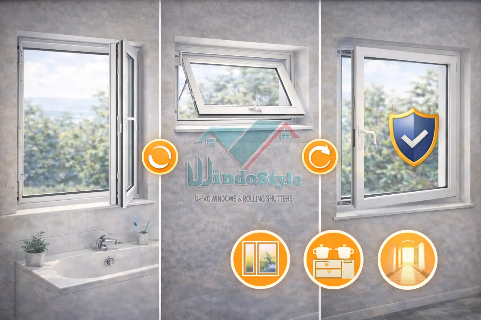 شبابيك القلاب والدوران (Tilt & Turn Windows) نظام حديث يجمع بين ميزة التهوية الجزئية (قلّاب) والفتح الكامل مثل النافذة المفصلية. المزايا: أعلى درجات المرونة في التهوية. سهولة تنظيف الزجاج من الداخل. تحكم كامل في كمية الهواء والموقع المفتوح. الاستخدام المثالي: المنازل التي تحتاج حلول متعددة في نفس الباب/الشباك. الأماكن عالية الرطوبة