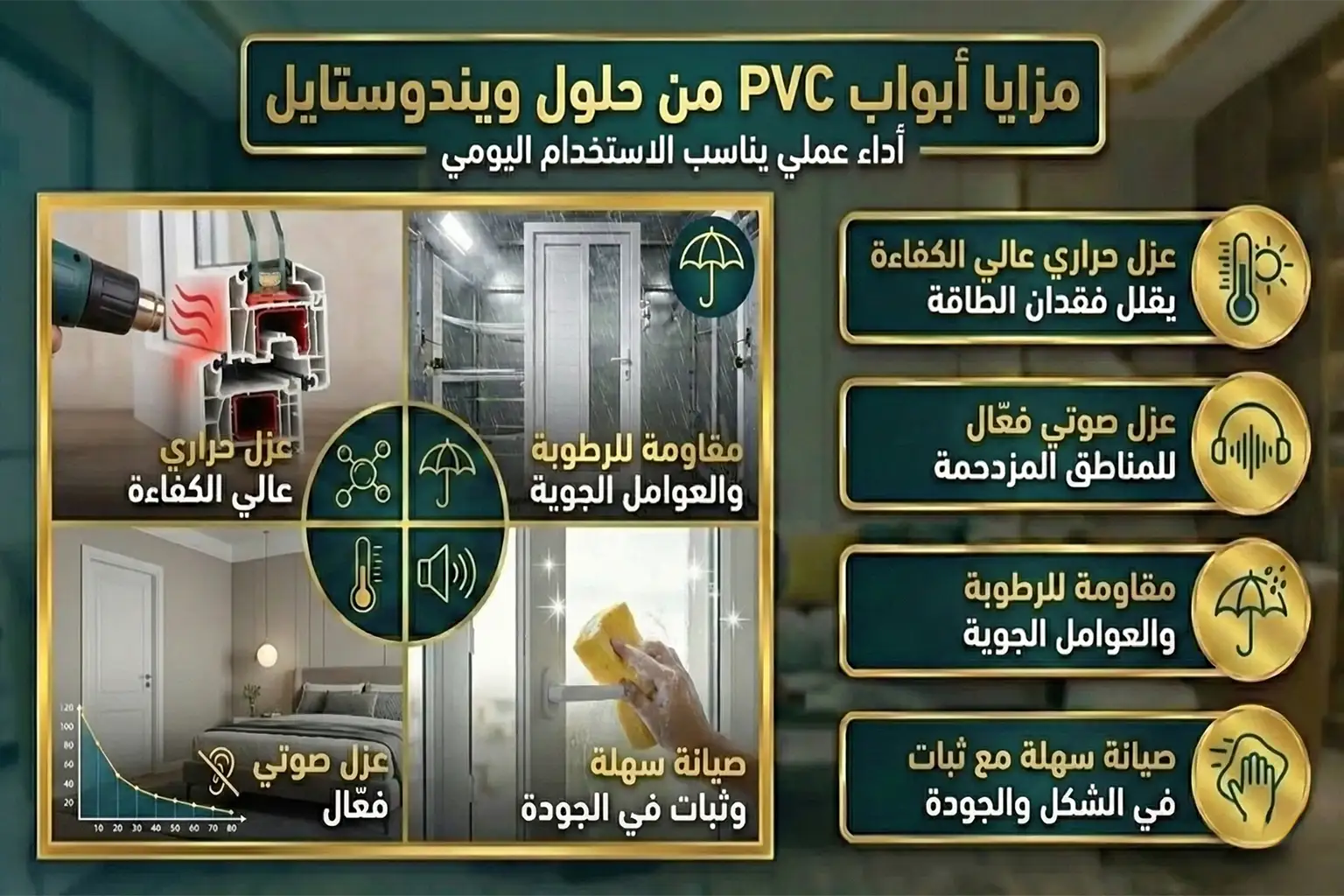 أداء عملي يناسب الاستخدام اليومي ✔ عزل حراري عالي الكفاءة يقلل فقدان الطاقة ✔ عزل صوتي فعّال للمناطق المزدحمة ✔ مقاومة للرطوبة والعوامل الجوية ✔ صيانة سهلة مع ثبات في الشكل والجودة