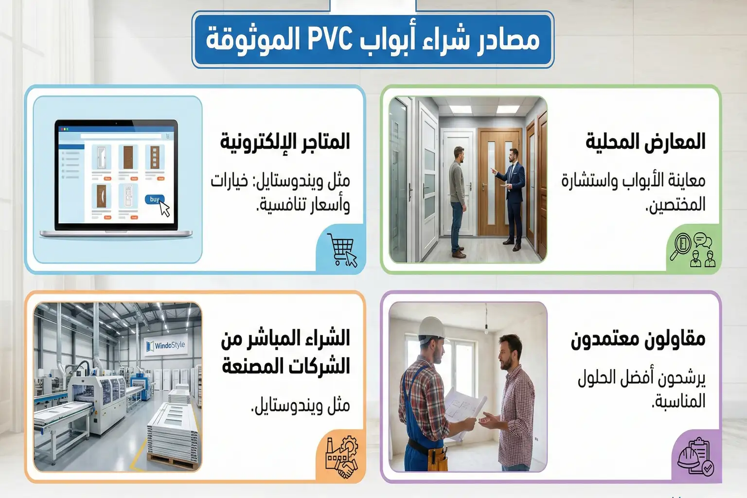 المتاجر الإلكترونية مثل ويندوستايل بخيارات وأسعار تنافسية. المعارض المحلية لمعاينة الأبواب واستشارة المختصين. الشراء المباشر من الشركات المصنعة مثل ويندوستايل. مقاولون معتمدون يرشحون أفضل الحلول المناسبة.