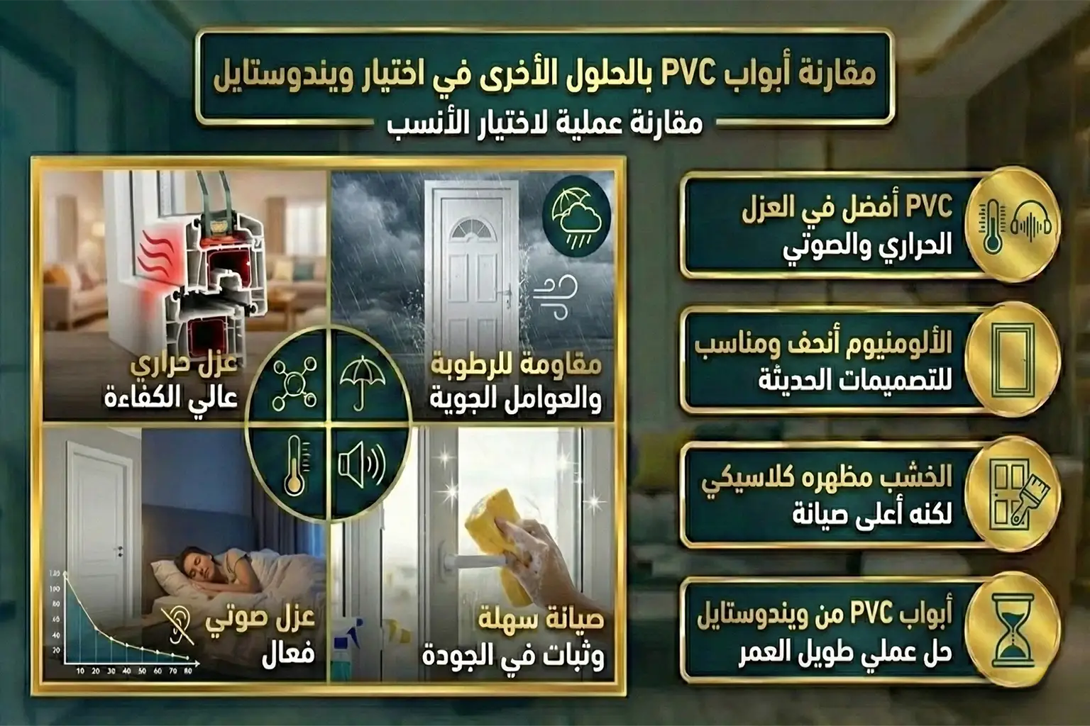 ✔ PVC أفضل في العزل الحراري والصوتي ✔ الألومنيوم أنحف ومناسب للتصميمات الحديثة ✔ الخشب مظهره كلاسيكي لكنه أعلى صيانة ✔ أبواب PVC من ويندوستايل حل عملي طويل العمر