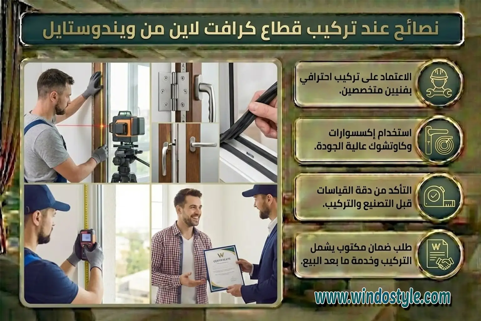  حتى تحصل على أفضل أداء من قطاع كرافت لاين المصري، احرص على: التركيب الاحترافي بواسطة فنيين مختصين. استخدام إكسسوارات وكاوتشوك جيد الجودة لضمان إحكام العزل. التأكد من قياسات دقيقة قبل بداية الإنتاج والتركيب. طلب ضمان مكتوب يشمل التركيب وما بعد البيع.