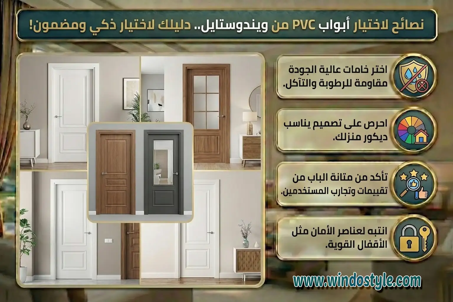 نصائح لاختيار أبواب PVC من ويندوستايل نصائح لاختيار أبواب PVC من ويندوستايل اختر خامات عالية الجودة مقاومة للرطوبة والتآكل. احرص على تصميم يناسب ديكور منزلك. تأكد من متانة الباب من تقييمات وتجارب المستخدمين. انتبه لعناصر الأمان مثل الأقفال القوية.