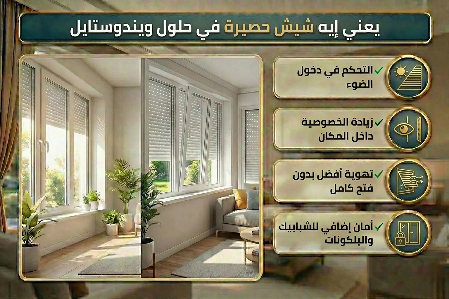تحكم عملي في كل التفاصيل ✔ التحكم في دخول الضوء ✔ زيادة الخصوصية داخل المكان ✔ تهوية أفضل بدون فتح كامل ✔ أمان إضافي للشبابيك والبلكونات
