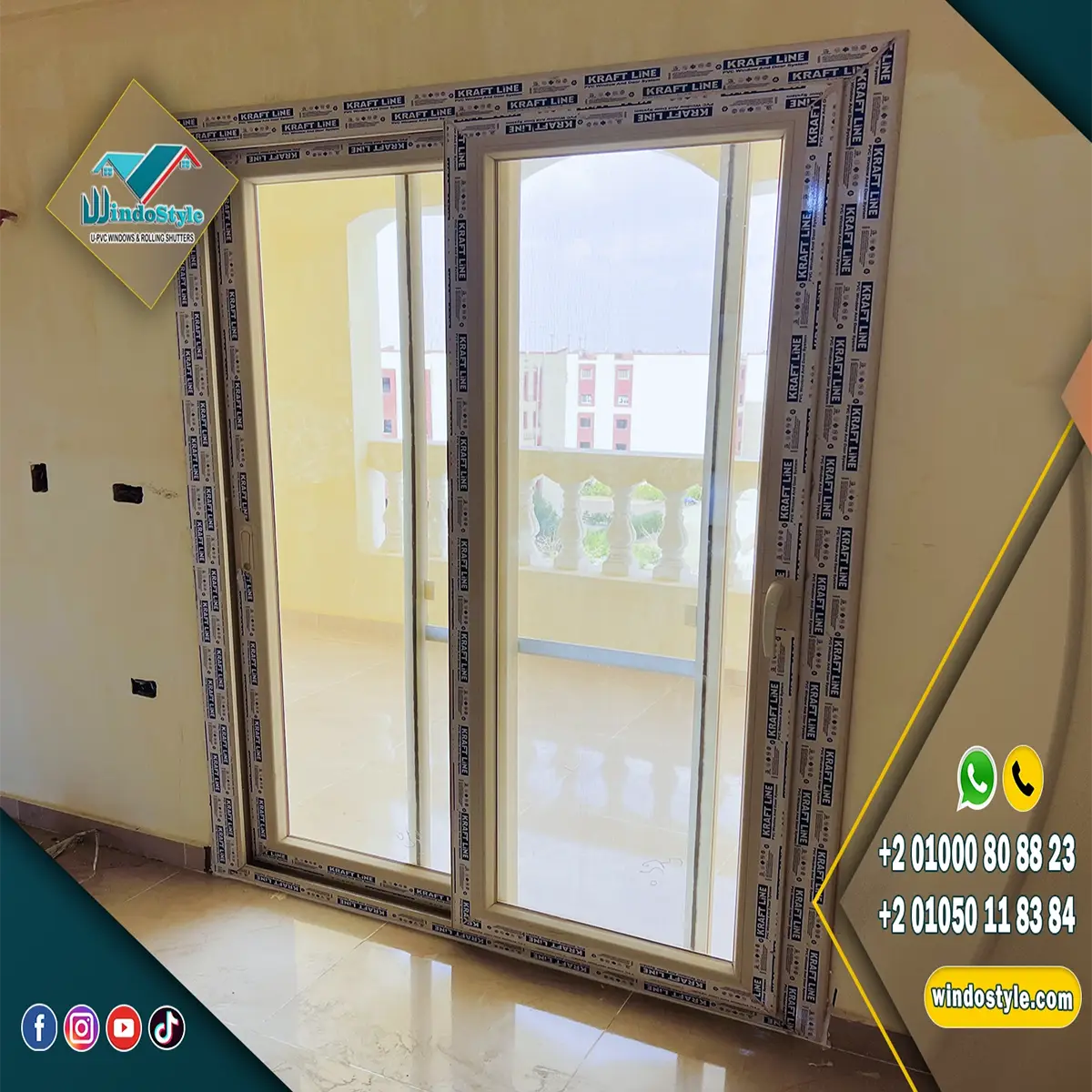 slide-kraft-window01-pvc0 باب PVC جرار 2 ضلفة زجاج مع ضلفة سلك بقطاعات KRAFTLINE المصرية وضمان 20 سنة، وإكسسوارات VORNE التركية بضمان 10 أعوام، عملي ومناسب للاستخدام اليومي