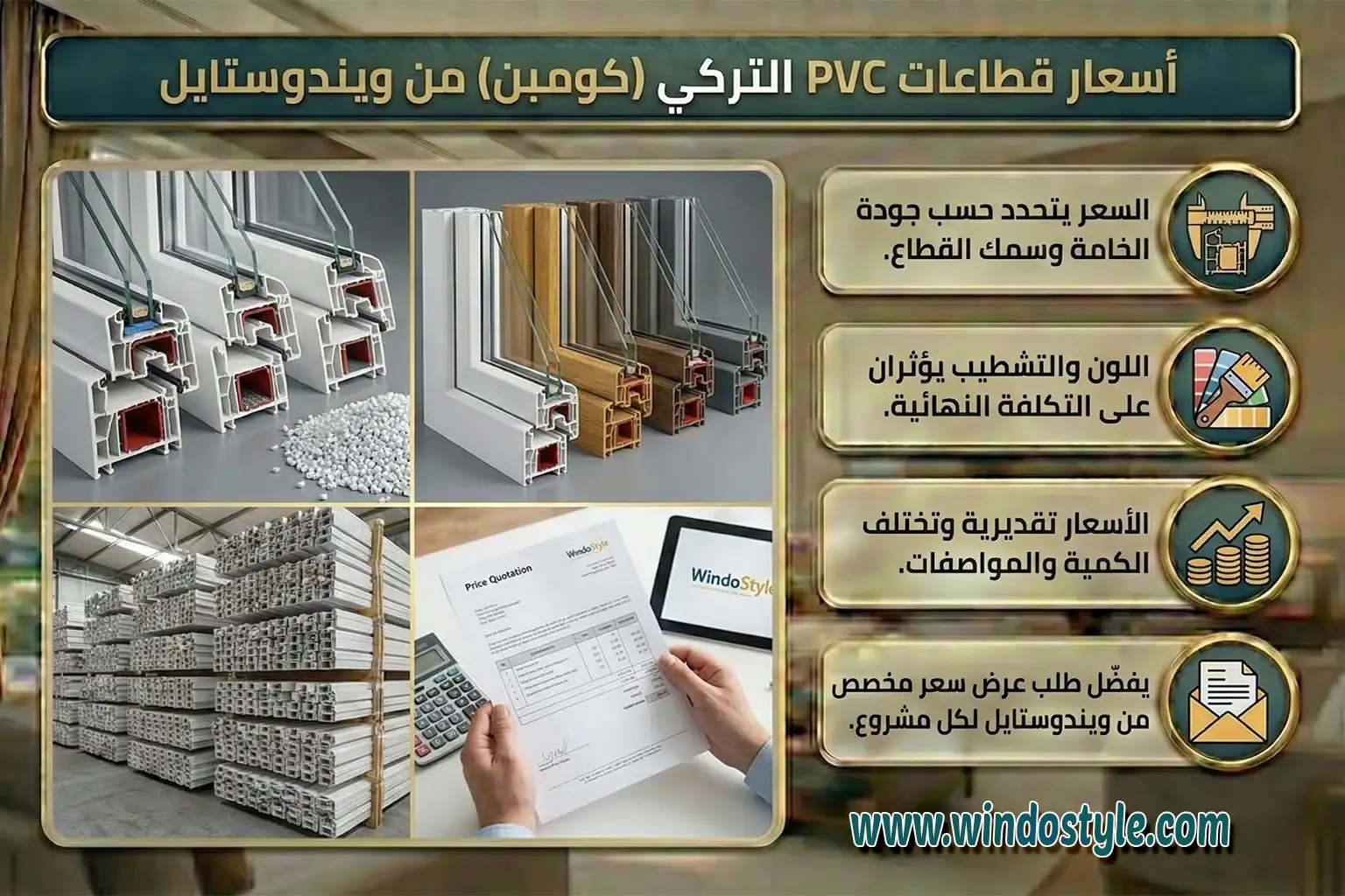 السعر يتحدد حسب جودة الخامة وسمك القطاع. اللون والتشطيب يؤثران على التكلفة النهائية. الأسعار تقديرية وتختلف حسب الكمية والمواصفات. يفضّل طلب عرض سعر مخصص من ويندوستايل لكل مشروع.