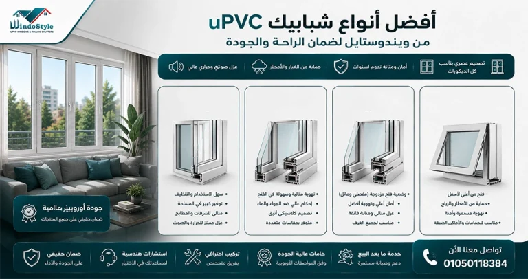 افضل انواع شبابيك uPVC من شركة ويندوستايل 5 اختيار افضل انواع شبابيك uPVC ليس مجرد قرار جمالي، بل هو استثمار في الراحة والجودة شبابيك uPVC من شركة ويندوستايل تُعتبر الخيار الأمثل لمن يبحث عن العزل الحراري والصوتي، مع تصميمات متينة وعصرية
