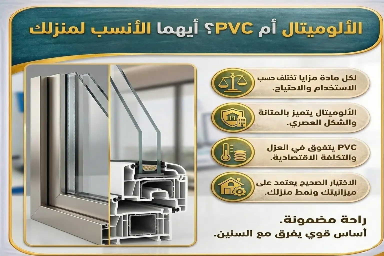 تواجه العديد من الأسر تحدي اختيار المواد المناسبة لتجهيز الشبابيك والأبواب، خصوصًا عند المفاضلة بين الالوميتال ولا PVC  كلا الخيارين له مزاياه وعيوبه