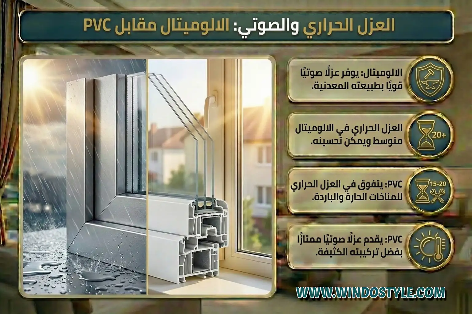 الالوميتال يوفر عزلًا صوتيًا قويًا بطبيعته المعدنية. العزل الحراري في الالوميتال متوسط ويمكن تحسينه. PVC يتفوق في العزل الحراري للمناخات الحارة والباردة. PVC يقدم عزلًا صوتيًا ممتازًا بفضل تركيبته الكثيفة.