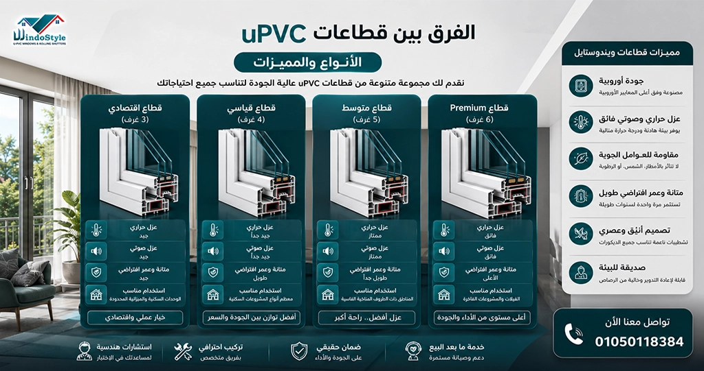 احرص على تقييم احتياجاتك بدقة لاختيار النوع الأنسب، سواء للاستخدام السكني أو التجاري أو الصناعي  لمعرفة المزيد عن الفرق بين قطاعات UPVC من ويندوستايل