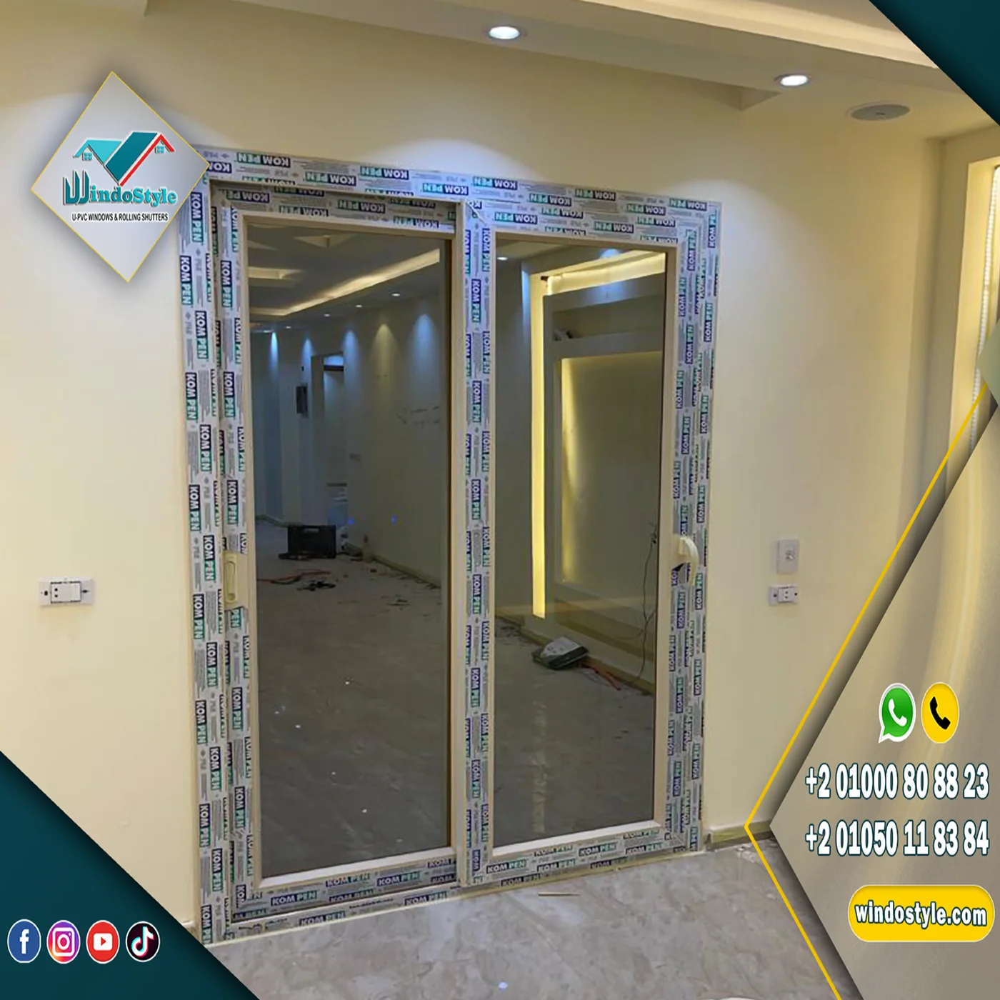 باب Pvc جرار 2 ضلفة بدون سلك 1 باب PVC جرار 2 ضلفة زجاج بدون ضلفة سلك بقطاعات KOMPEN التركية وضمان 20 سنة، وإكسسوارات VORNE التركية بضمان 10 أعوام، تصميم عملي وجودة تدوم