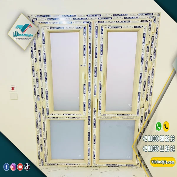 أبواب مفصلي PVC ضلفة على ضلفة بقطاعات KRAFTLINE المصرية وضمان 20 سنة، وإكسسوارات VORNE التركية بضمان 10 أعوام، جودة عالية وعزل ممتاز