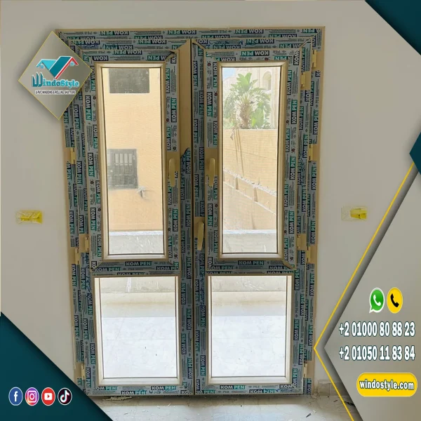 باب PVC مفصلي ضلفة على ضلفة بقطاعات KOMPEN التركية وضمان 20 سنة، وإكسسوارات VORNE التركية بضمان 10 أعوام، متانة عالية وتشغيل سلس