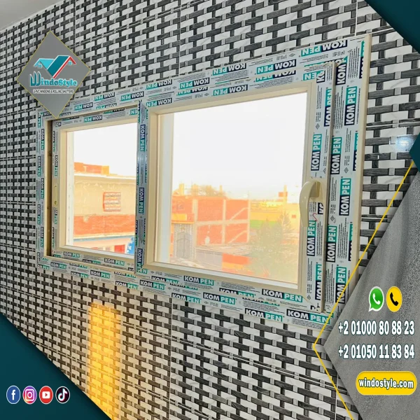 شباك PVC جرار 2 ضلفة زجاج بدون ضلفة سلك بقطاعات KOMPEN التركية وضمان 20 سنة، وإكسسوارات VORNE التركية بضمان 10 أعوام، تصميم عملي وسهولة استخدام