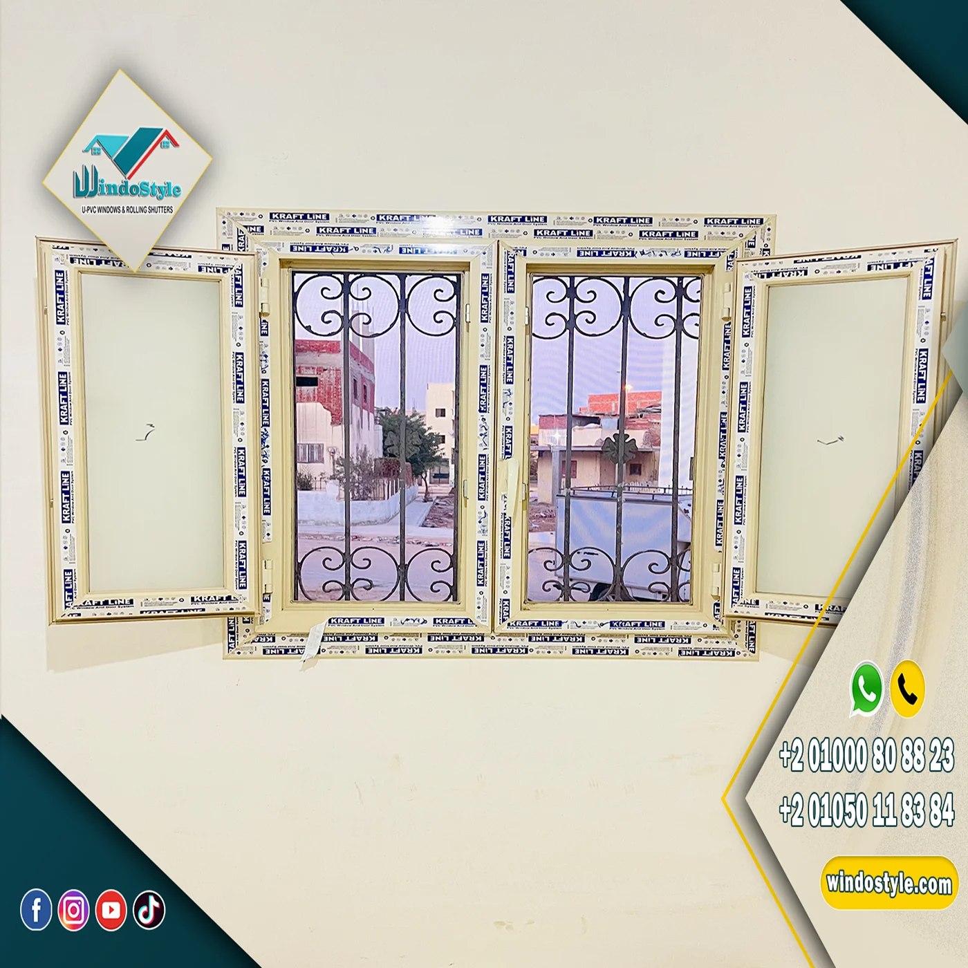 شباك مفصلي PVC ضلفة على ضلفة بقطاعات KRAFTLINE المصرية وضمان 20 سنة، وإكسسوارات VORNE التركية بضمان 10 أعوام، عزل وجودة عالية 