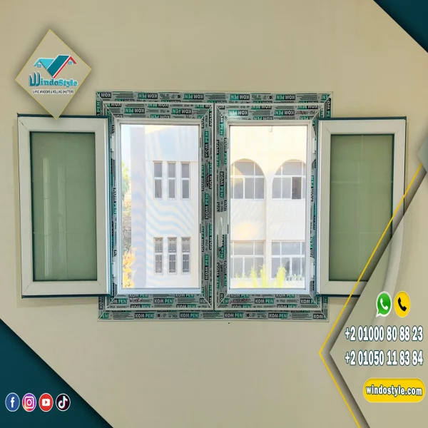 شباك مفصلى PVC ضلفة على ضلفة بقطاعات KOMPEN التركية وضمان 20 سنة، وإكسسوارات VORNE التركية بضمان 10 أعوام، إحكام ممتاز وجودة عالية