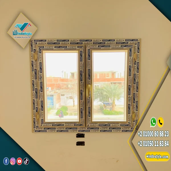 شباك مفصلي PVC بدون سلك بقطاعات KRAFTLINE المصرية وضمان 20 سنة، وإكسسوارات VORNE التركية بضمان 10 أعوام، جودة عالية وعزل عملي للاستخدام اليومي