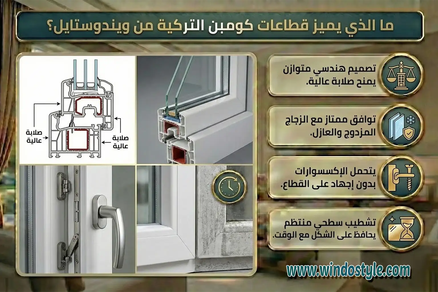 قطاع كومبن (Kompen) يُعد من القطاعات التركية المعروفة في سوق الـ uPVC، ويتميز بعدة نقاط تجعل الإقبال عليه كبيرًا، منها: تصميم هندسي متوازن يحقق صلابة عالية. توافق ممتاز مع أنظمة الزجاج المزدوج والعازل. قدرة جيدة على استقبال الإكسسوارات المختلفة دون إجهاد للقطاع. تشطيب سطحي منتظم يقلل من ظهور العيوب مع الوقت.