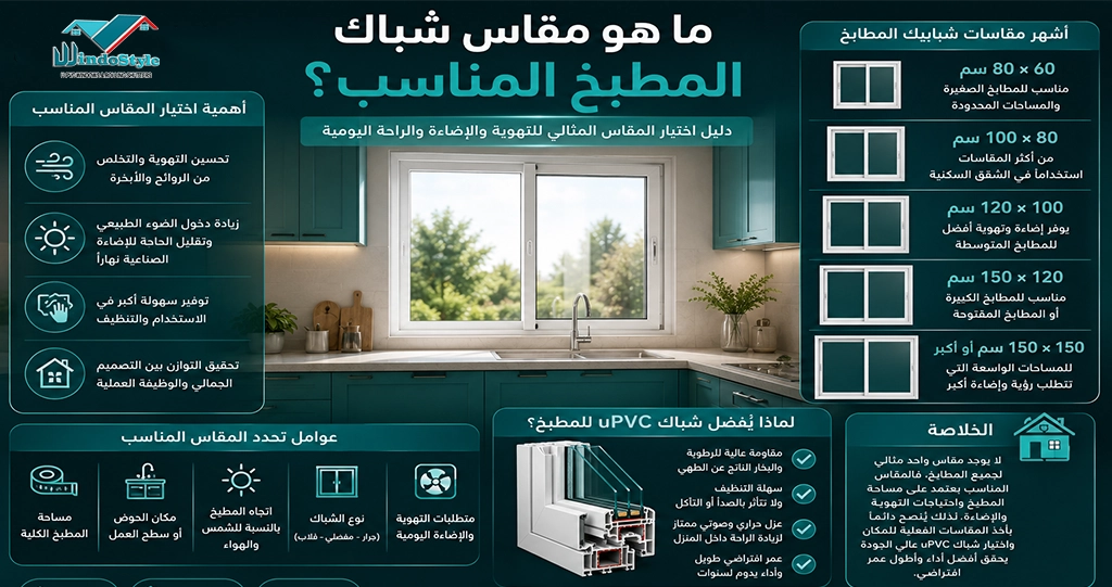 اختيار المقاس المثالي لشباك المطبخ أمرٌ يلعب دورًا هامًا في تحسين تصميم المطبخ العام  يساهم المقاس الصحيح في التهوية الجيدة، الإضاءة المثالية، وسهولة الاستخدام اليومي  تختلف المقاسات بناءً على احتياجات كل مطبخ، مما يجعل معرفة الخيارات المتاحة خطوة أساسية