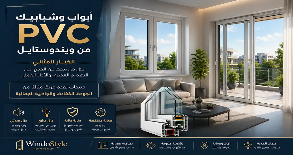 أبواب وشبابيك PVC مصر | المميزات والأسعار وأفضل الأنواع 2025 1 أبواب وشبابيك PVC من ويندوستايل تمثل الحل الأمثل الذي يجمع الجودة، التصميم الجذاب، واستدامة الأداء باستخدام هذه المنتجات، يمكنك تحقيق متطلبات المنازل الحديثة بأسلوب عملي وأنيق