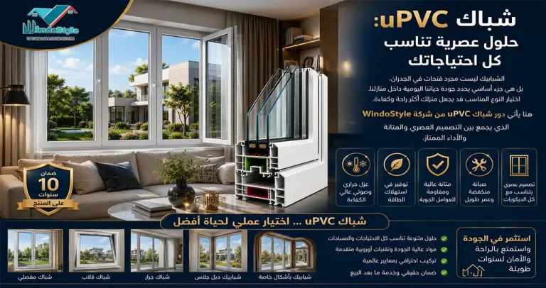شباك uPVC: حلول عصرية تناسب كل احتياجاتك 1 شباك uPVC من WindoStyle Company ليس مجرد خيار عادي، بل هو استثمار في الراحة والجودة والتصميم العصري بفضل تنوع أنماطه ومتانة مواده، يوفر حلاً يناسب مختلف الاحتياجات الشخصية والتصميمية