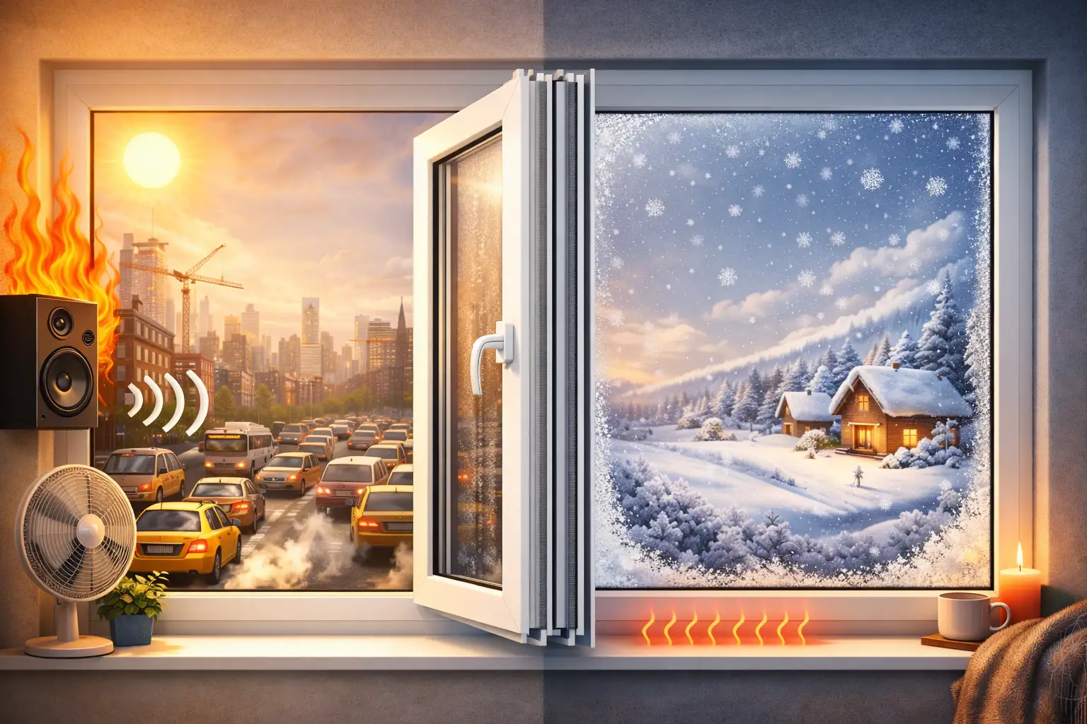 عزل كامل ضد أي عوامل خارجية واحدة من أهم مزايا شبابيك UPVC هي قدرتها على العزل. عزل صوتي: بتحميك من دوشة الشوارع والزحمة، وبتخلي بيتك هادي ومريح حتى لو عايش في قلب المدينة. عزل حراري: بتحافظ على حرارة مريحة جوا البيت. في الصيف: تمنع دخول الحرارة العالية وتخلي البيت أبرد. في الشتاء: تمنع تسرب البرد وتحافظ على الدفء.