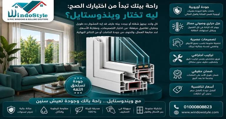 راحة بيتك تبدأ من اختيارك الصح: ليه تختار ويندوستايل؟ 6 اختيارك لشركة ويندوستايل مش بس اختيار شبابيك UPVC، لكنه قرار ذكي يخلي تجهيز بيتك رحلة سهلة ومريحة من التصميم والمعاينة، للتركيب وخدمة ما بعد البيع… شغلنا بيحكي عننا، والنتيجة دائمًا: راحة بيتك