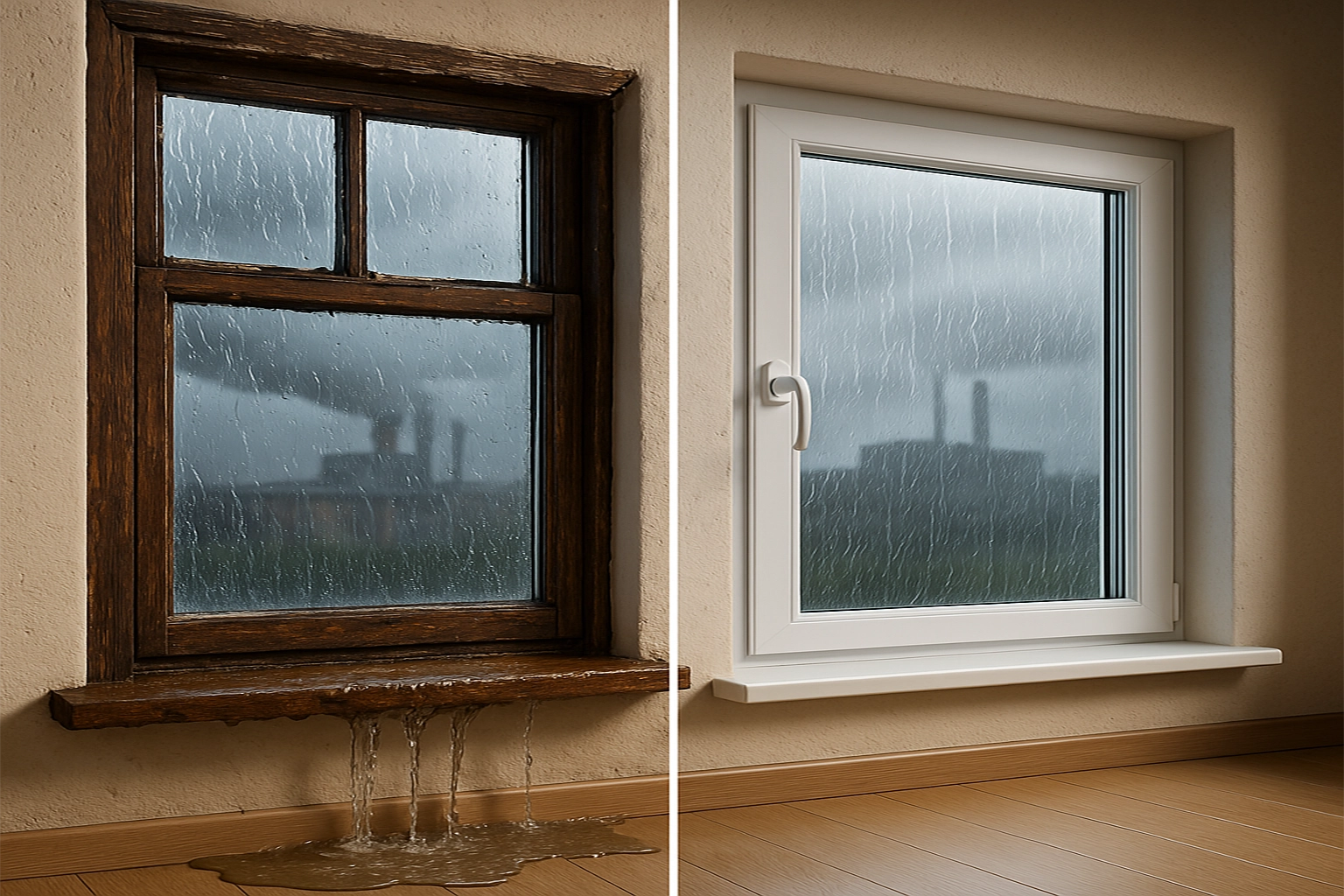 المشكلة بتتعقّد أكتر مع الشبابيك والأبواب الخشب التقليدية… لأنها بتتأثر بالمية، وتبدأ تتني وتعمل فواصل، الفواصل دي بتسمح للمطر يدخل بكل سهولة. نفس المعاناة بتحصل كمان مع الألومنيوم لو ما اتتركّبش بشكل سليم، فالمية بتتجمع في مجاري السلايد وتبدأ تتسرب لجوه البيت.