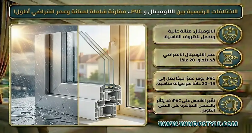 الاختلافات-الرئيسية-بين-الالوميتال-و-PVC الاختلافات الرئيسية بين الالوميتال و PVC عند مقارنة الالوميتال وPVC، قد يتساءل الكثيرون: ما هي النقاط البارزة التي تميز هاتين المادتين؟ سنستعرض هنا أهم الجوانب التي يجب أن تأخذها في الحسبان عند اتخاذ قرارك التحمل وطول العمر: مقارنة في مدى تحمل كل مادة وعمرها الافتراضي التحمل وطول العمر هما عاملان رئيسيان عند اختيار المواد لشبابيك وأبواب المنزل الالوميتال: يتميز بمتانته العالية وقدرته على تحمل الظروف الجوية الصعبة مثل الأمطار الغزيرة أو الحرارة المرتفعة بفضل مقاومته للتآكل والصدأ، يمكن الاعتماد عليه لفترة طويلة تتجاوز 20 سنة أو أكثر PVC: على الرغم من أنه أقل متانة مقارنة بالالوميتال، إلا أنه يمكنه أن يدوم لفترات تصل إلى 15 20 سنة إذا تم صيانته بشكل جيد ومع ذلك، قد يتأثر بالعوامل الجوية القاسية مثل أشعة الشمس المباشرة على المدى الطويل لمزيد من التفاصيل، يمكنك زيارة الفروق بين الالوميتال وPVC
