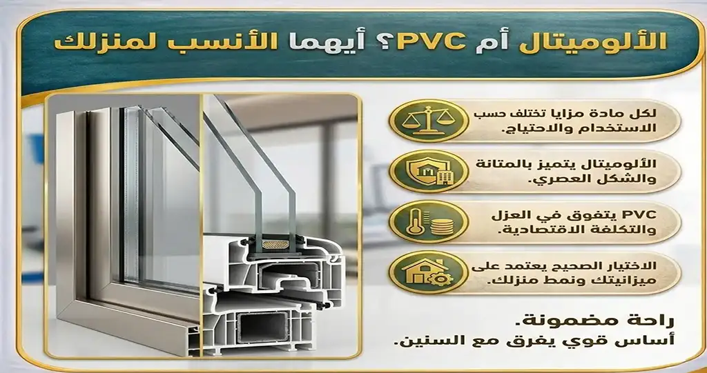 تواجه العديد من الأسر تحدي اختيار المواد المناسبة لتجهيز الشبابيك والأبواب، خصوصًا عند المفاضلة بين الالوميتال ولا PVC  كلا الخيارين له مزاياه وعيوبه