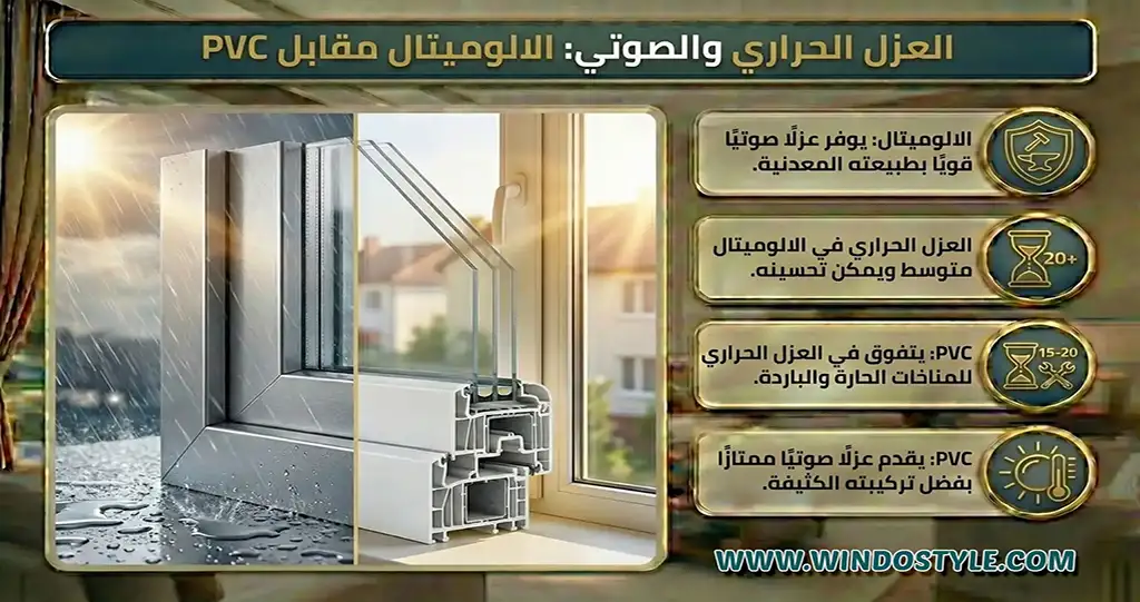 العزل-الحراري-والصوتي-الالوميتال-مقابل-PVC التكلفة والميزانية: استعراض الفروق في التكلفة بين الالوميتال وPVC التكلفة دائمًا ما تكون جزءًا أساسيًا من أي قرار الالوميتال: يُعد خيارًا مدروسًا عندما تنظر إلى التكلفة مقابل الأداء على الرغم من أنه أغلى من PVC مبدئيًا، إلا أن متانته تقلل من الحاجة إلى الاستبدال أو الصيانة المتكررة، مما يجعله اقتصاديًا على المدى الطويل PVC: إذا كنت تبحث عن خيار يوازن بين الجودة والتكلفة، فإن PVC يُعد أقل تكلفة من الألمنيوم ومع ذلك، يجب مراعاة أنه قد يتطلب صيانة دورية أكثر إن كنت تبحث عن خيارات اقتصادية، جرب الاطلاع على أفضل تصاميم ابواب وشبابيك PVC العزل الحراري والصوتي: مقارنة فعالية العزل لكل من الالوميتال وPVC العزل يعد من النقاط المحورية التي تساهم في توفير الراحة داخل المنازل الالوميتال: يتمتع بأداء متوسط في العزل الحراري، إلا أنه فعّال جدًا في عزل الصوت بسبب طبيعته المعدنية يمكن تحسين العزل الحراري من خلال استخدام قطاعات حديثة وإضافات عازلة PVC: يتفوق في العزل الحراري بفضل تركيبة المادة نفسها، مما يجعله خيارًا مثاليًا للمنازل بالمناخ الحار أو البارد كذلك، يوفر PVC عزل صوت ممتاز بسبب تركيبته المرنة والكثيفة اطلع على المزيد حول فعالية العزل ومزايا انظمة شبابيك PVC الحديثة كلتا المادتين تقدمان فوائد مختلفة، لكن الخيار يعتمد بشكل كبير على أولوياتك وميزانيتك والبيئة المحيطة بمنزلك