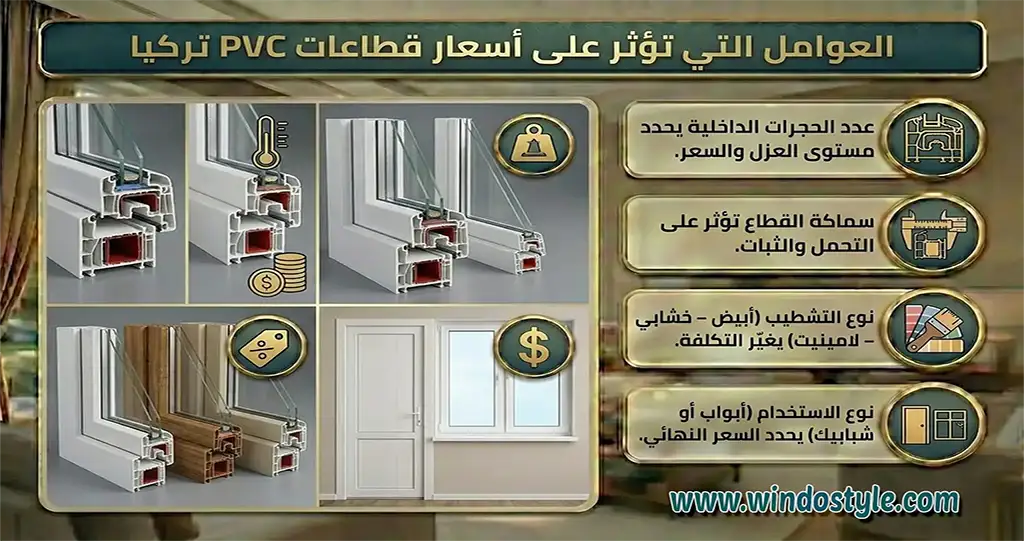 العوامل-التي-تؤثر-على-أسعار-قطاعات-PVC-تركيا العوامل التي تؤثر على اسعار قطاعات PVC تركيا 1 عدد الحجرات الداخلية كلما زاد عدد الحجرات داخل القطاع، تحسن العزل الحراري والصوتي، وبالتالي يرتفع السعر نسبيًا 2 سماكة القطاع القطاعات ذات السماكة الأكبر تتحمل ضغطًا أعلى وتوفر ثباتًا أفضل، وهو ما ينعكس على السعر النهائي 3 نوع التشطيب القطاعات البيضاء تكون عادة أقل تكلفة، بينما ترتفع الأسعار مع الألوان الخاصة أو التشطيبات الخشابية واللامينيت 4 نوع الاستخدام القطاع المستخدم للأبواب يختلف في تكلفته عن المستخدم للشبابيك، نظرًا لاختلاف الأحمال ومتطلبات الأمان