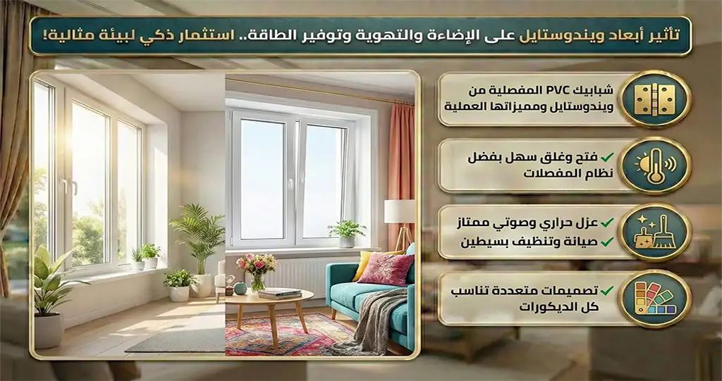 شبابيك-PVC-المفصلية-من-ويندوستايل-ومميزاتها-العملية شبابيك PVC المفصلية: مميزاتها وفوائدها شبابيك PVC المفصلية تعد واحدة من الخيارات الأكثر تقليدية وشيوعًا تعمل هذه الشبابيك بواسطة مفصلات تمكنها من الفتح والإغلاق بكل سهولة ميزات شبابيك PVC المفصلية تشمل: عزل حراري وصوتي ممتاز: تساعد هذه الشبابيك على تقليل الضوضاء والمحافظة على درجة الحرارة داخل المنزل سهولة الصيانة والنظافة: تصنع من خامات مقاومة للرطوبة والغبار مما يجعل تنظيفها أمرًا سهلاً التنوع في التصميمات: يمكنك اختيار تصميم يتناسب مع ديكور منزلك بسهولة للتعرف على المزيد عن هذه الشبابيك وأنواعها، يمكنك زيارة تفاصيل شبابيك PVC المفصلية